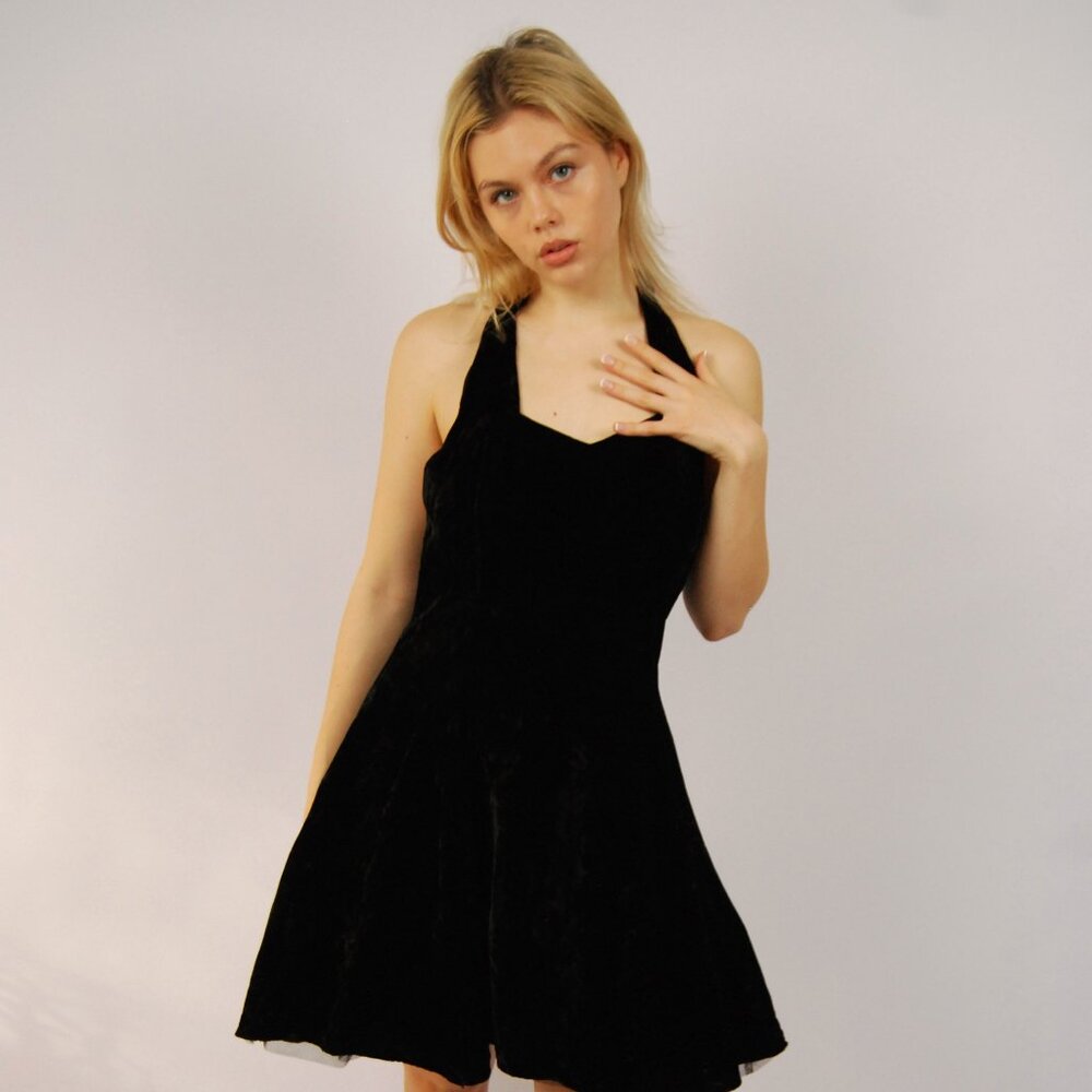 80s Halter Mini Dress (6) black velvet vintage full skirt prom whimsygoth formal